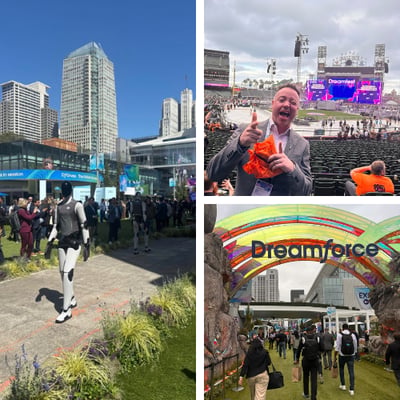 A few snaps from on the ground at Dreamforce: Tom K, Dreamforce sign, robot walking