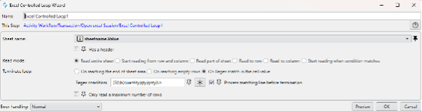 A snapshot of an excel controlled Loop session with dynamic sheet name