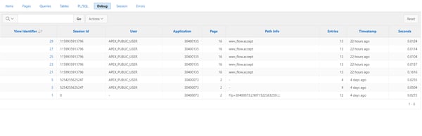 Oracle APEX debug page sample