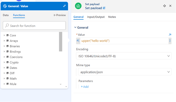 Dashboard showing what happens when you choose the 'upper' function in Anypoint Code Builder.