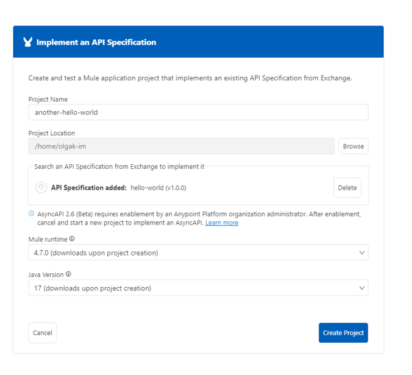 Example of selecting runtime and Java versions when creating a project.