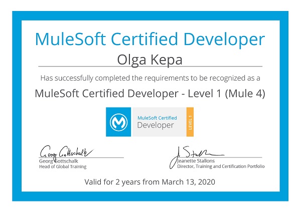 Olga Kepa, MuleSoft certification