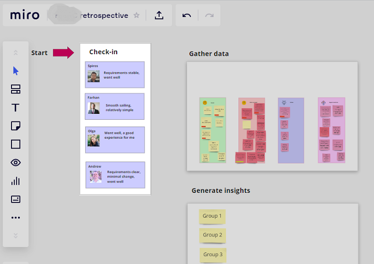 To generate agile retrospectives idea we use Miro check in board