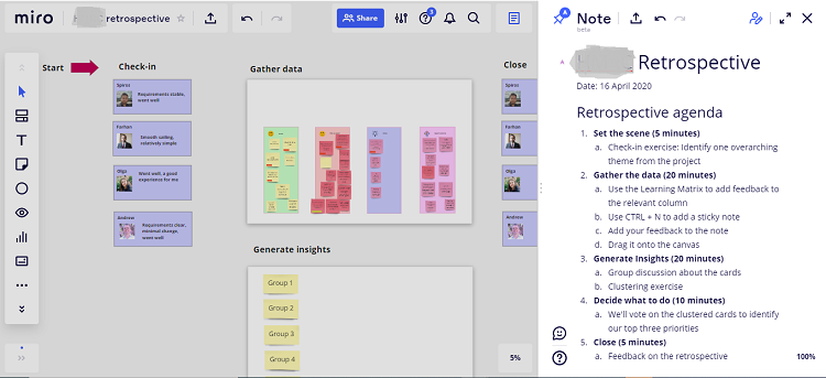 Use the Miro's 'Pin Notes' tool to set the retrospectives agenda